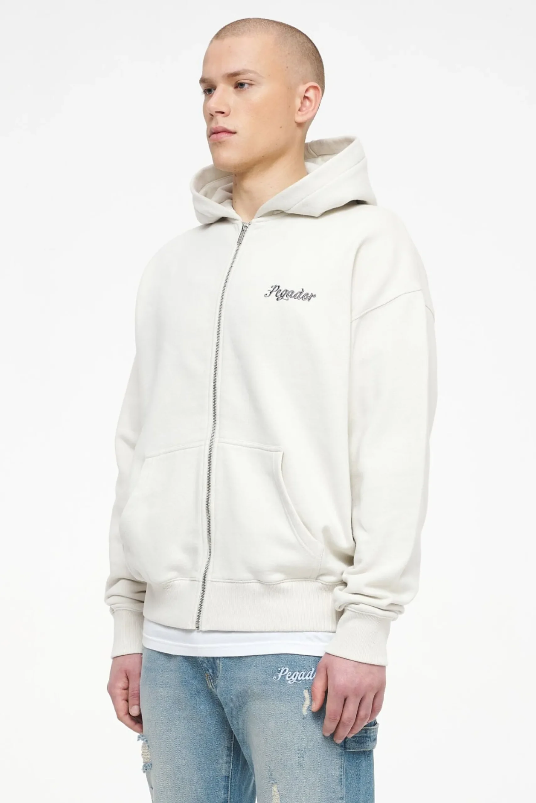 Pegador Hoodies|Zip Hoodies|West Oversized Sweat Jacket Vintage Washed Angels Cream