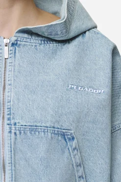 Pegador Zip Hoodies|Jackets|Zona Cropped Denim Zip Jacket Washed Pale Blue
