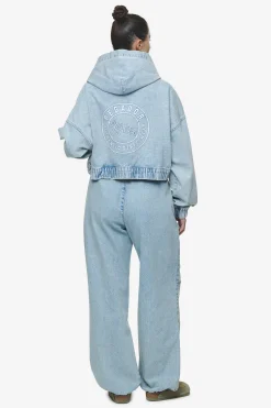 Pegador Zip Hoodies|Jackets|Zona Cropped Denim Zip Jacket Washed Pale Blue